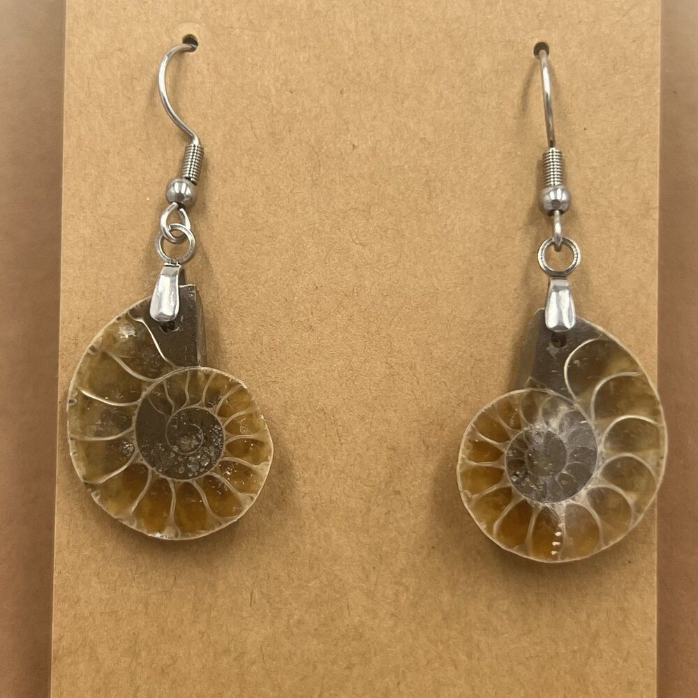 Natural Ammonite Fossil Gesmtone Silver Earrings Handmade Lightweight Miniature